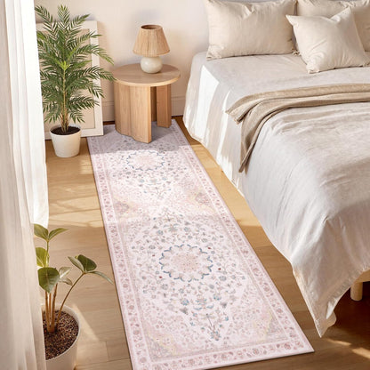 Moynesa Washable 2x6 Pink Hallway Runner Rug, Cute Girl Floral Print Runner for Home Decor, Foldable Low Pile Soft Non-Slip Floor Mat for Kids Playroom Nursery Entryway Kitchen