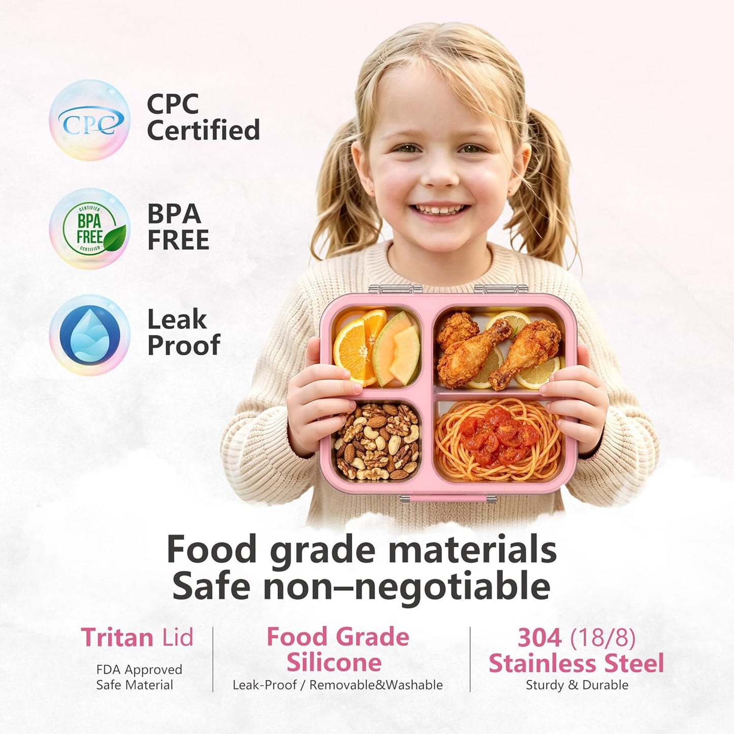 Stainless Steel Bento Lunch Box, 34oz/1000ml Leak Proof Metal Container, Lightweight 3mm Ultra-Narrow Bezel with Tritan Lid for Kids & Adults, 3-Compartment, BPA/BPS Free, Dishwasher Safe, Pink