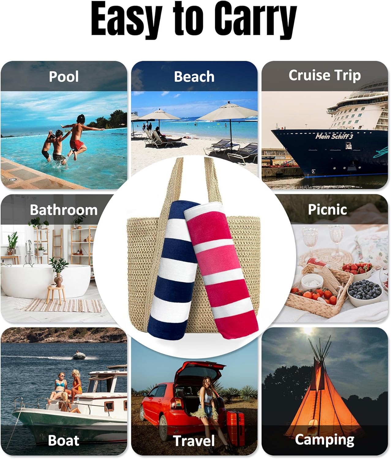 cabanana Large Beach Towel Oversized - 35 x 70 Inch Cotton Pool Towel, Soft Thin Velour Swim Towel for Adults (Stripes Pink)