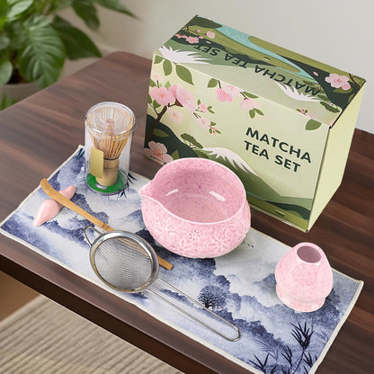 Pink Ceramic Matcha Set with Bowl, Whisk & Sifter Tool - Complete Starter Kit for Tea Lovers, Gifts for Women (Pink)