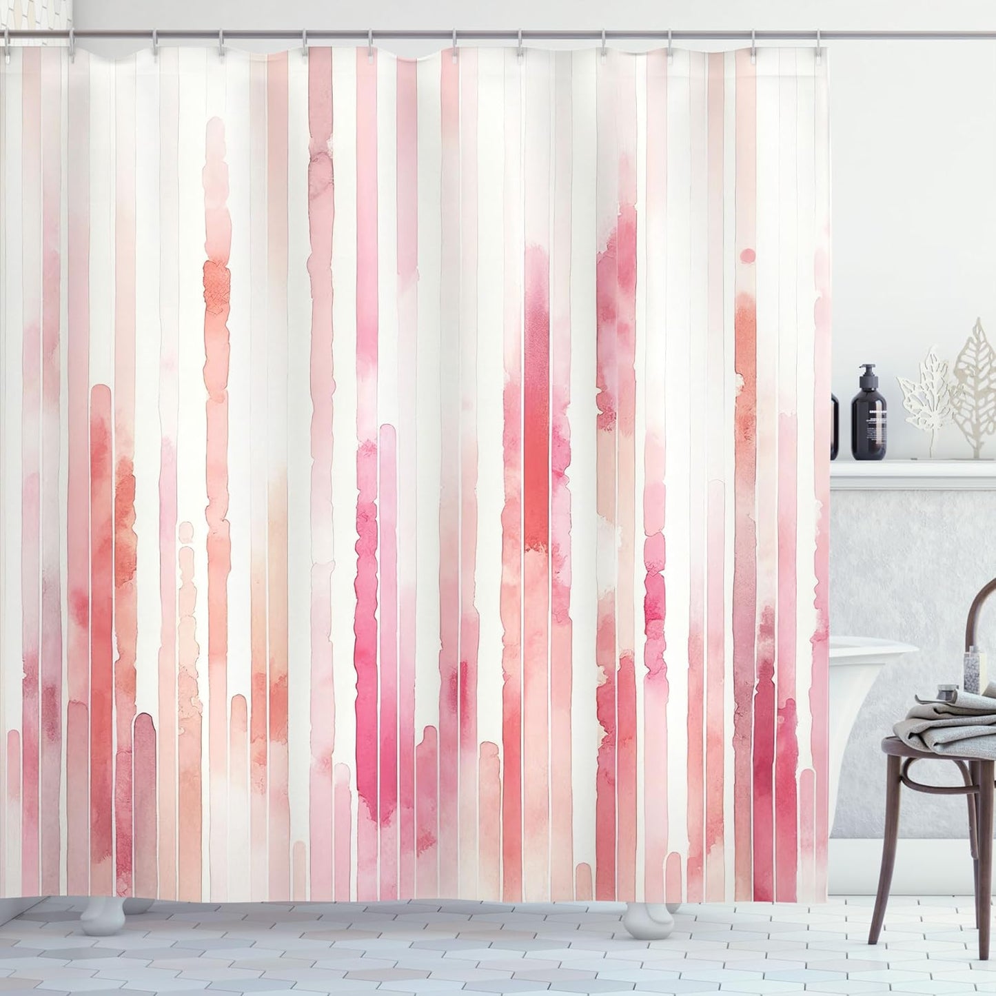 Ambesonne Striped Shower Curtain, Abstract Contemporary Soft Tones of Pink in Aquarelle Vertical Lines Print, Cloth Fabric Bathroom Decor Set with Hooks, 69" W x 75" L, Blush Coral Peach