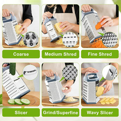 Box grater for kitchen 6 Sided - Cheese Graters Handheld, Stainless Steel Shredder for Food Vegetable Carrot Potato Tomato (Pink)