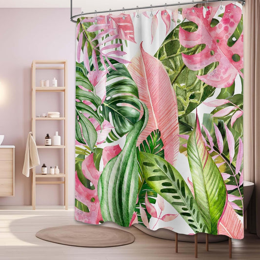 Pink and Green Tropical Palm Leaf Shower Curtain Monstera Leaves Jungle Plant Shower Curtains for Bathroom Decor, Waterproof Cloth Fabric with Hooks 70 X 72 Inch