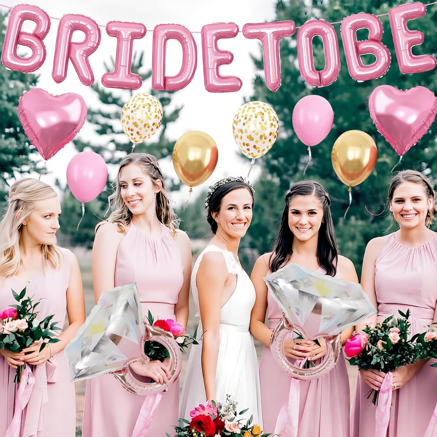 Pensar 30Pcs Bachelorette Party Decorations, Bride-to-Be Banner Balloon, Pink Gold and Confetti Balloons with Diamond Ring Pink Heart Balloons for Bridal Shower Decorations