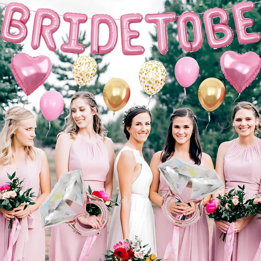 Pensar 30Pcs Bachelorette Party Decorations, Bride-to-Be Banner Balloon, Pink Gold and Confetti Balloons with Diamond Ring Pink Heart Balloons for Bridal Shower Decorations
