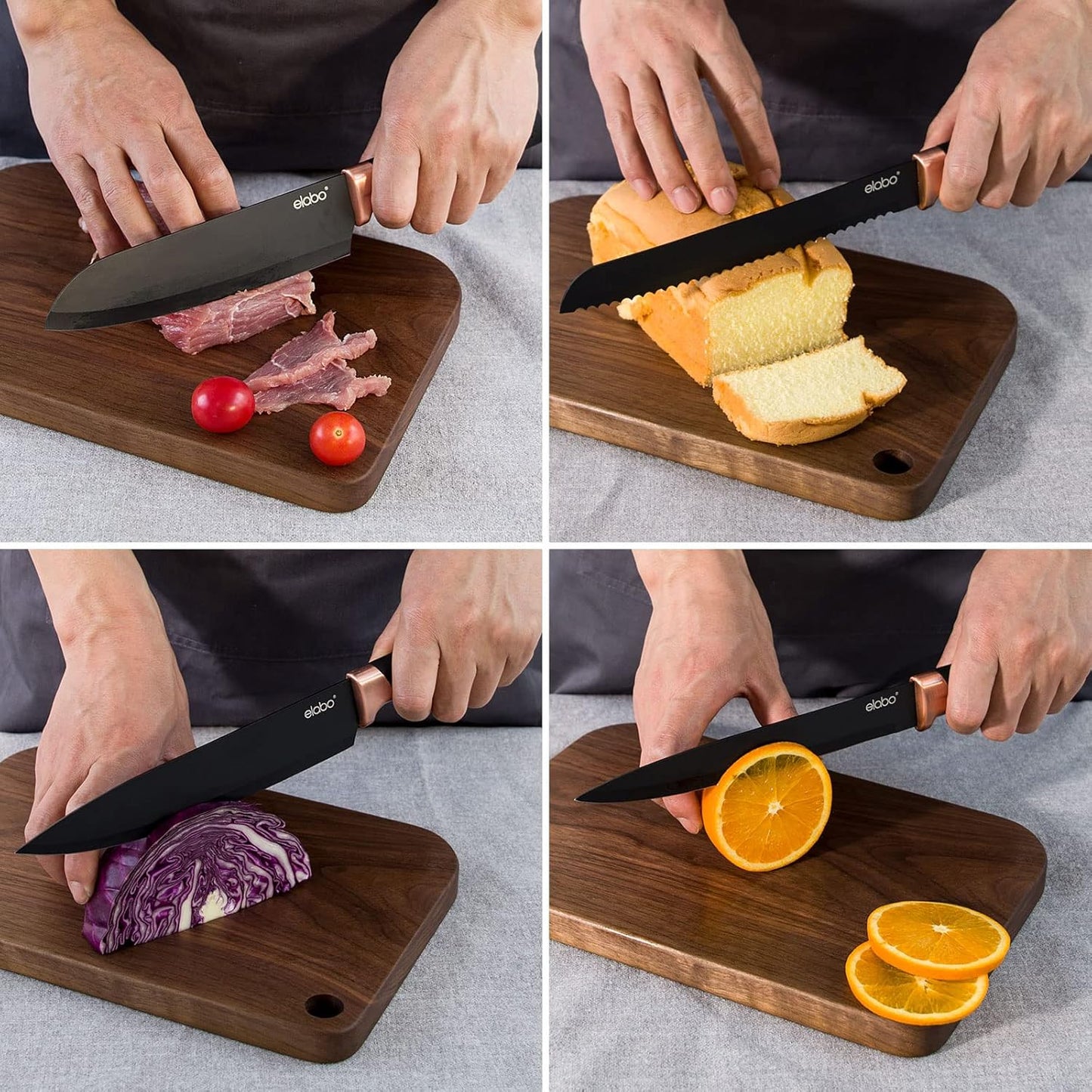 elabo 6 Piece Kitchen Knife Set – Premium Stainless Steel Knife Set with Block, Knives Set for Kitchen, Sharp Knife Block Set with Non-Stick Coating, Dishwasher Safe, Space-saving, Rose Gold