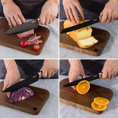 elabo 6 Piece Kitchen Knife Set – Premium Stainless Steel Knife Set with Block, Knives Set for Kitchen, Sharp Knife Block Set with Non-Stick Coating, Dishwasher Safe, Space-saving, Rose Gold