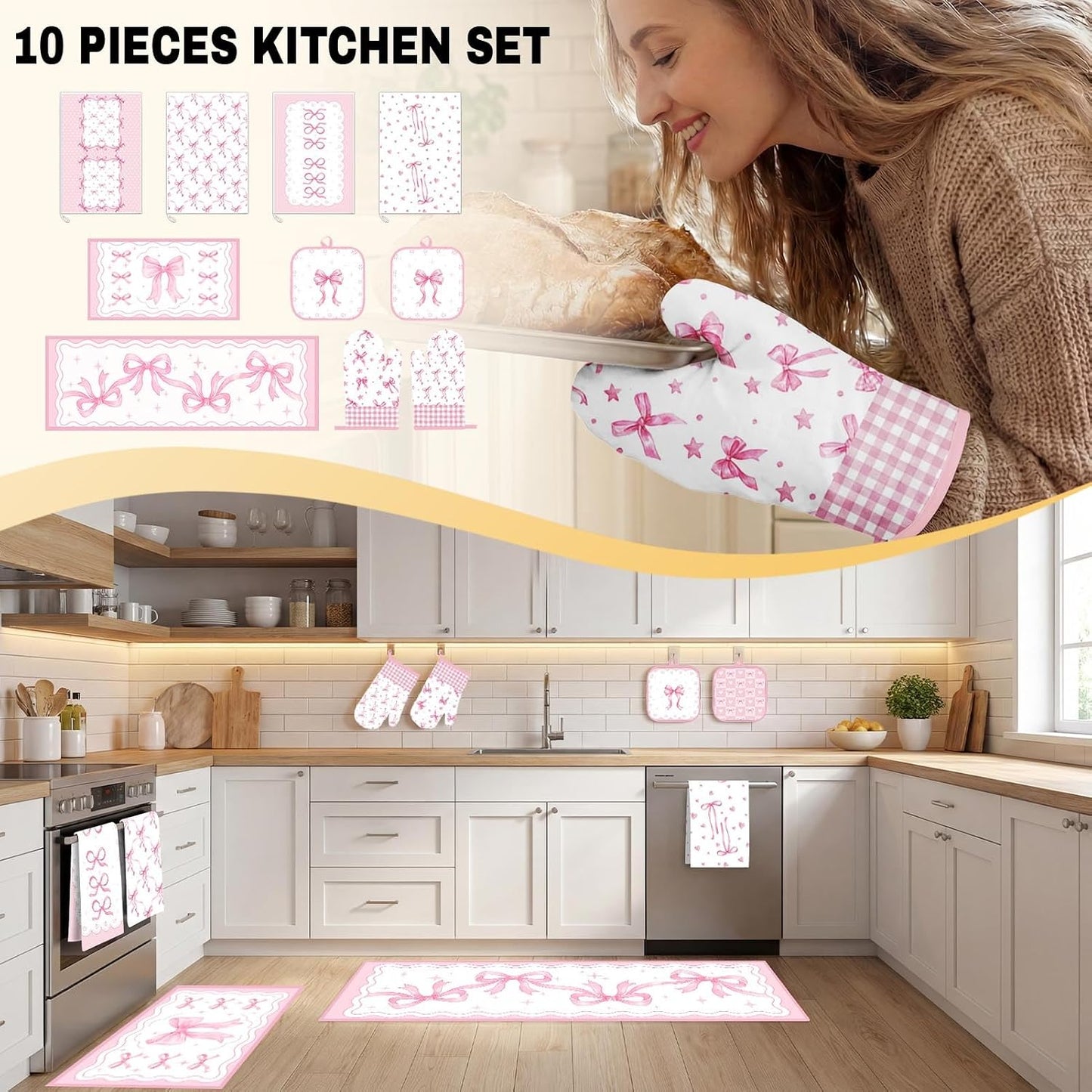 10 Pcs Pink Kitchen Decor and Accessories Set, Cute Pink Bow Coquette Theme Kitchen Towels Rugs Oven Mitts and Pot Holders, Ribbon Heart Decor Gift for Girls Mom Women