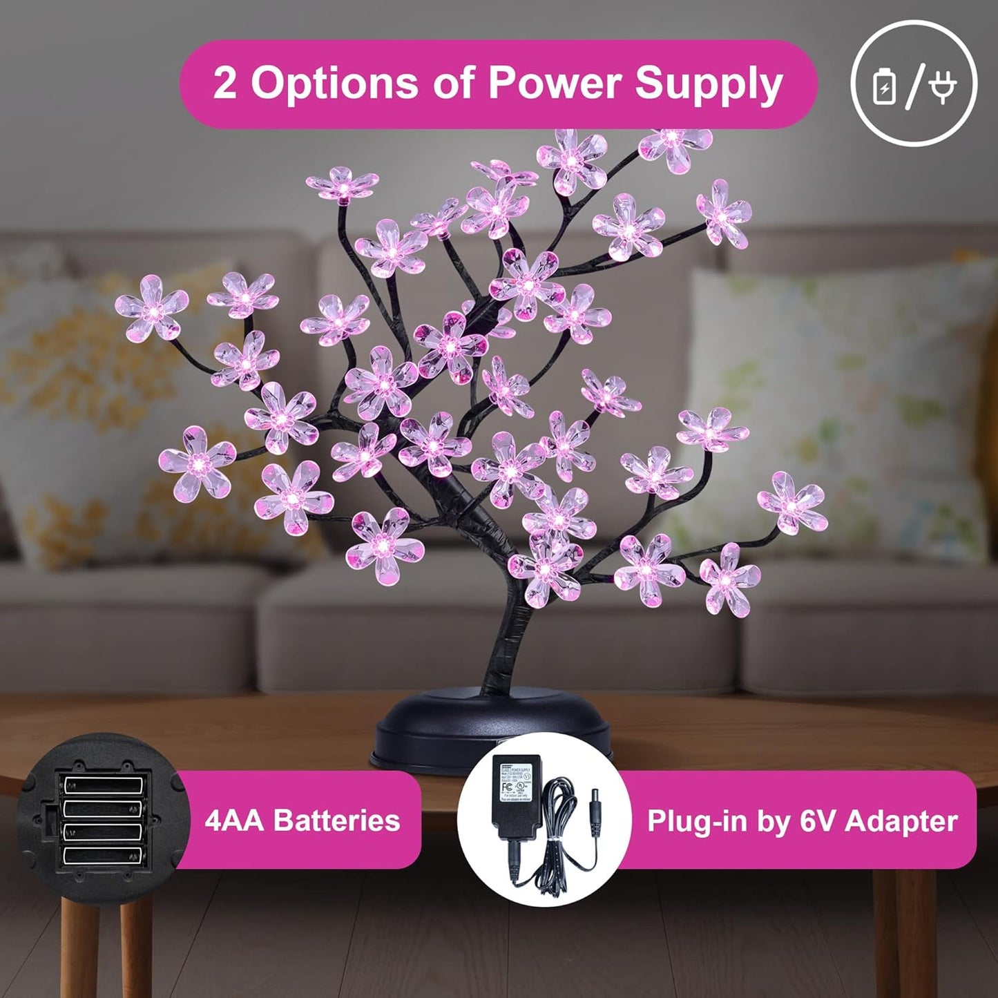 LIGHTSHARE 18-inch Crystal Flower LED Bonsai Tree, Pink Light, 36 LED Lights, Battery Powered or DC Adapter(Included), Built-in Timer