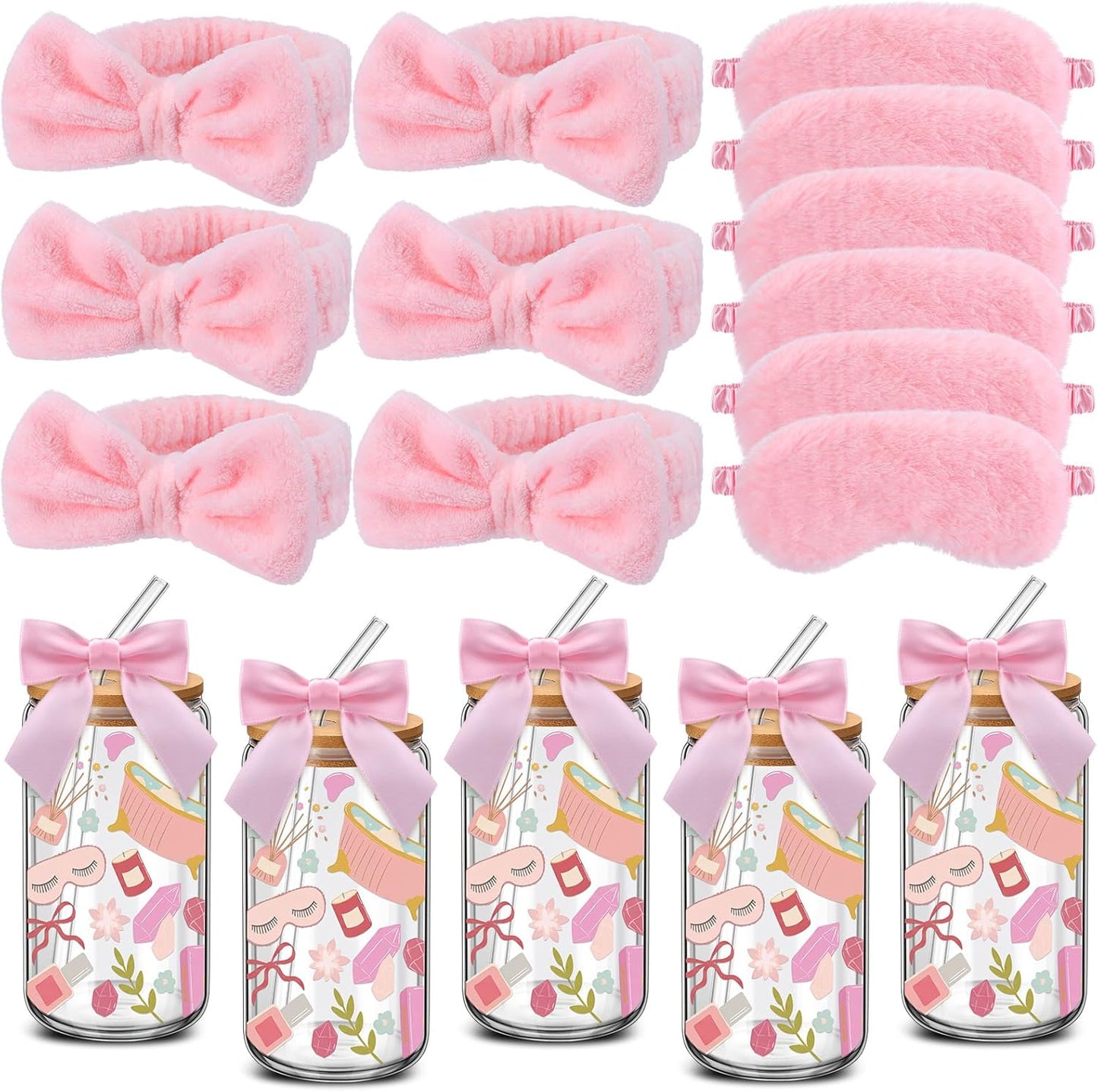 Yinder 24 Pcs Spa Sleepover Party Supplies for Women 6 Set Slumber Spa Birthday Gift Party Favor with Glass Cup Pink Bow Eye Mask Headband Twist Bows for Sleeping Stuff Accessories Slumber Gift