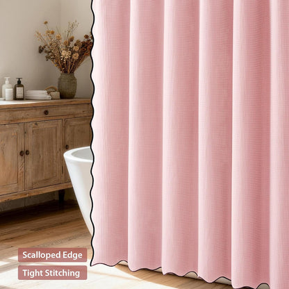 Dynamene Extra Long Scalloped Shower Curtain - 84 inch Cute Heavy Duty Waffle Fabric 256GSM, Modern Hotel Luxury Shower Curtains for Bathroom with Black Scalloped Edge, 12 Plastic Hooks, 72x84, Pink