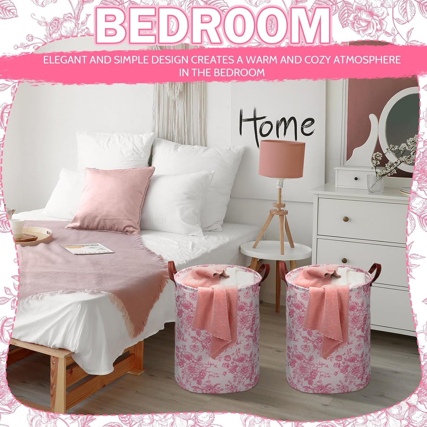 CroBlissful 2 Pcs Pink Floral Laundry Basket Coquette Storage Basket for Girls Nursery Hamper with Handles Foldable Waterproof Collapsible Storage Bin Organizer for College Dorms Bathroom