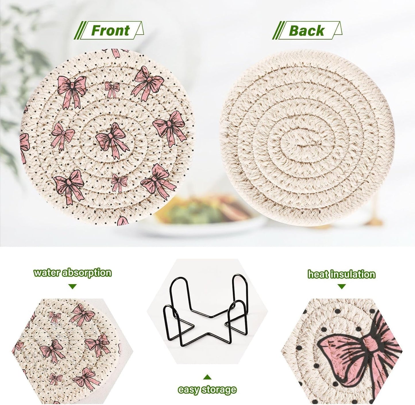 Kigai Pink Bow Coasters for Drinks with Holder 3.9 Inch Absorbent Heat-Resistant Cotton Woven Coaster Coffee Bar Accessories for Home Decor Table Protection, 6Pack