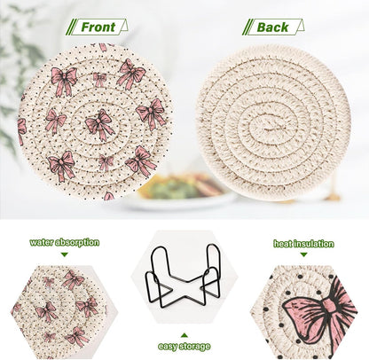 Kigai Pink Bow Coasters for Drinks with Holder 3.9 Inch Absorbent Heat-Resistant Cotton Woven Coaster Coffee Bar Accessories for Home Decor Table Protection, 6Pack