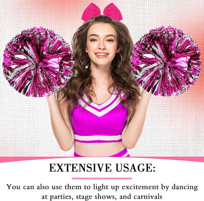 Hanaive 6 Pcs 13 Inch Cheerleading Pom Poms and Large Bows for Girl Cheer Poms Metallic Poms with Handle for Softball Dance (Pink)