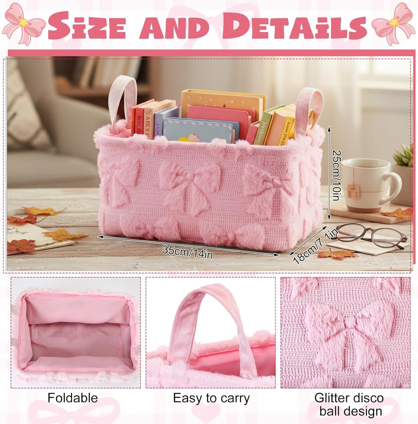 2 Pcs Pink Bow Storage Baskets 14x10'' Back to School Gift Baskets Foldable Fluffy Laundry Storage Bin with Handle Coquette Closet Organizer for Preppy Dormitory Countertop Tabletop Shelf