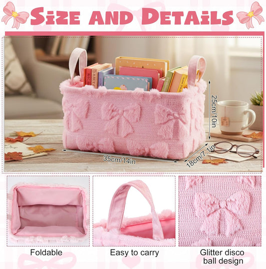 2 Pcs Pink Bow Storage Baskets 14x10'' Back to School Gift Baskets Foldable Fluffy Laundry Storage Bin with Handle Coquette Closet Organizer for Preppy Dormitory Countertop Tabletop Shelf
