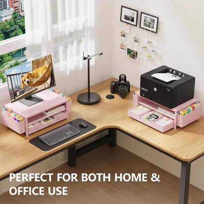 OPNICE Desk Organizers and Accessories, 2-Tier Computer Monitor Stand Riser with Drawer and 2 Pen Holders, Laptop Stand, Office Desk Accessories for Office Supplies, Pink