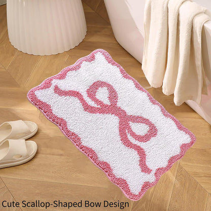Pink Scalloped Bow Non-Slip Bath Mat - Absorbent Microfiber Shower Rug, Preppy Cute Funny Bathroom Decor, Machine Washable Bathtub Rug (Pink, 20" X 32")