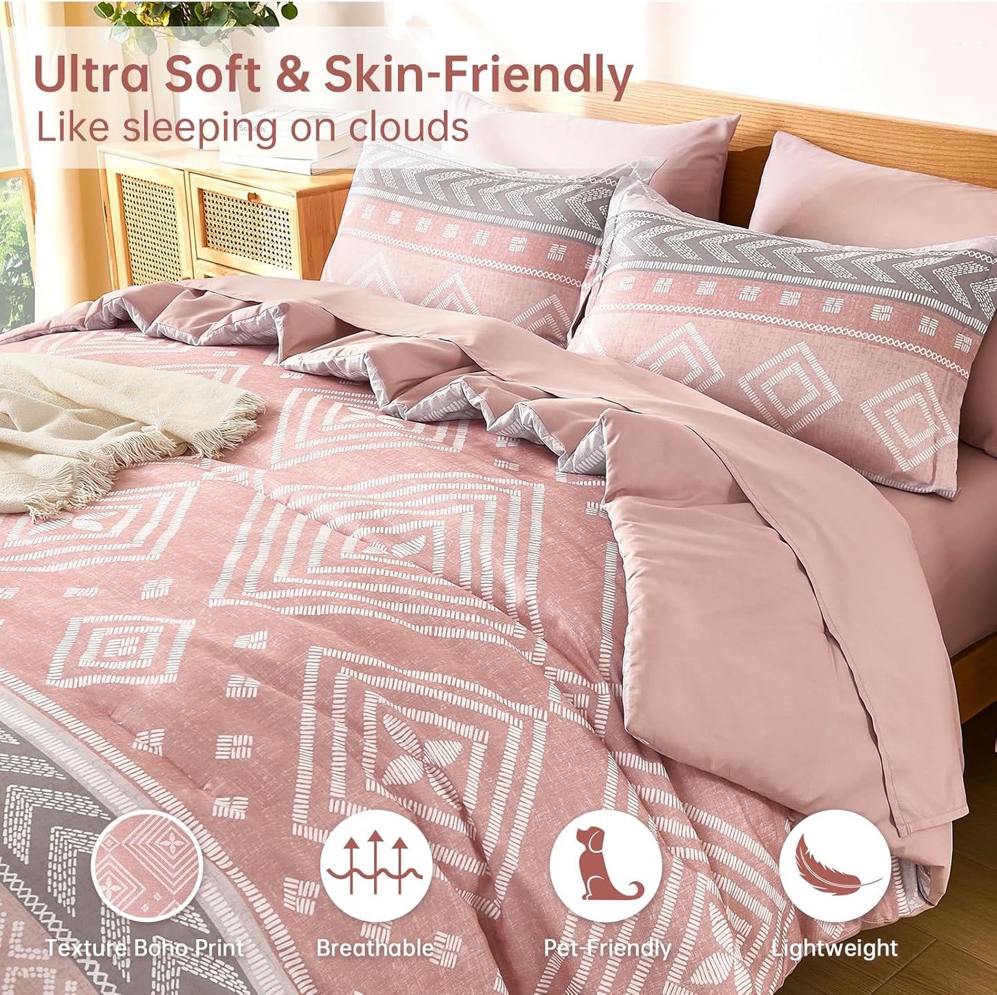 Yiran Comforter Set Queen Size, 7 Pieces Boho Aztec Bed in a Bag, Blush Pink Southwestern Bedding Sets for All Seasons, Lightweight Comforter Bed Set with Sheets, Pillowcases & Shams