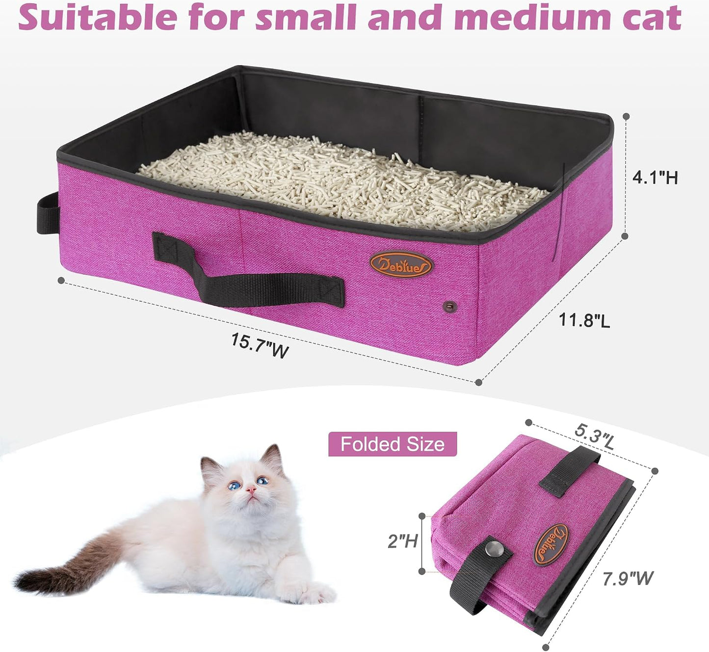 Deblue Portable Cat Travel Litter Box in Car, Collapsible Cat Litter Carrier Waterproof Mobile Litter Box for Outdoor Fit Medium Cats and Kitties, Leak-Proof, Sturdy, Lightweight-Pink