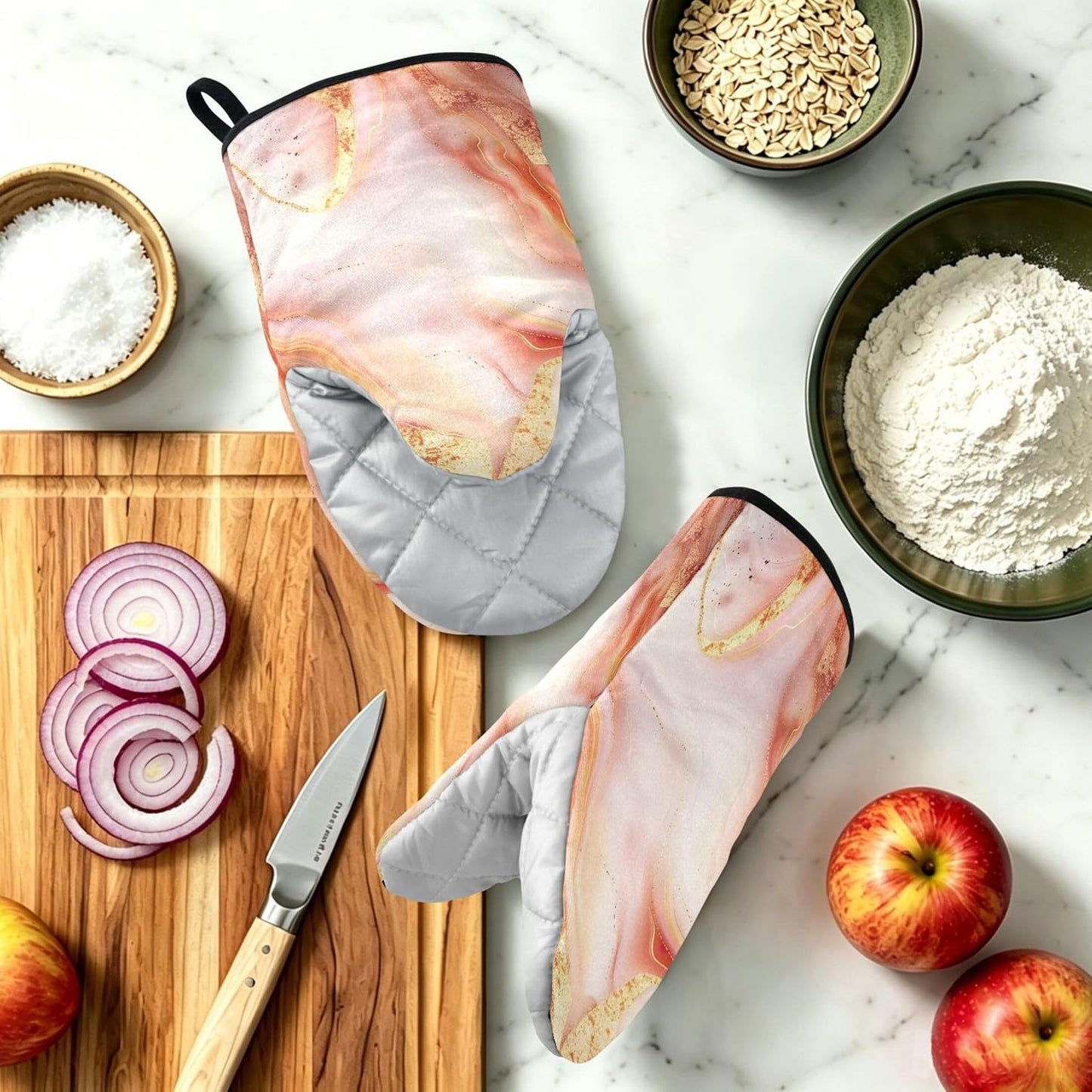 Qilmy Rose Gold Marble Oven Mitts 400F Heat Resistant, Cotton Kitchen Gloves for Baking BBQ, 9.5x5.7in, 1 Pair with Hanging Loop