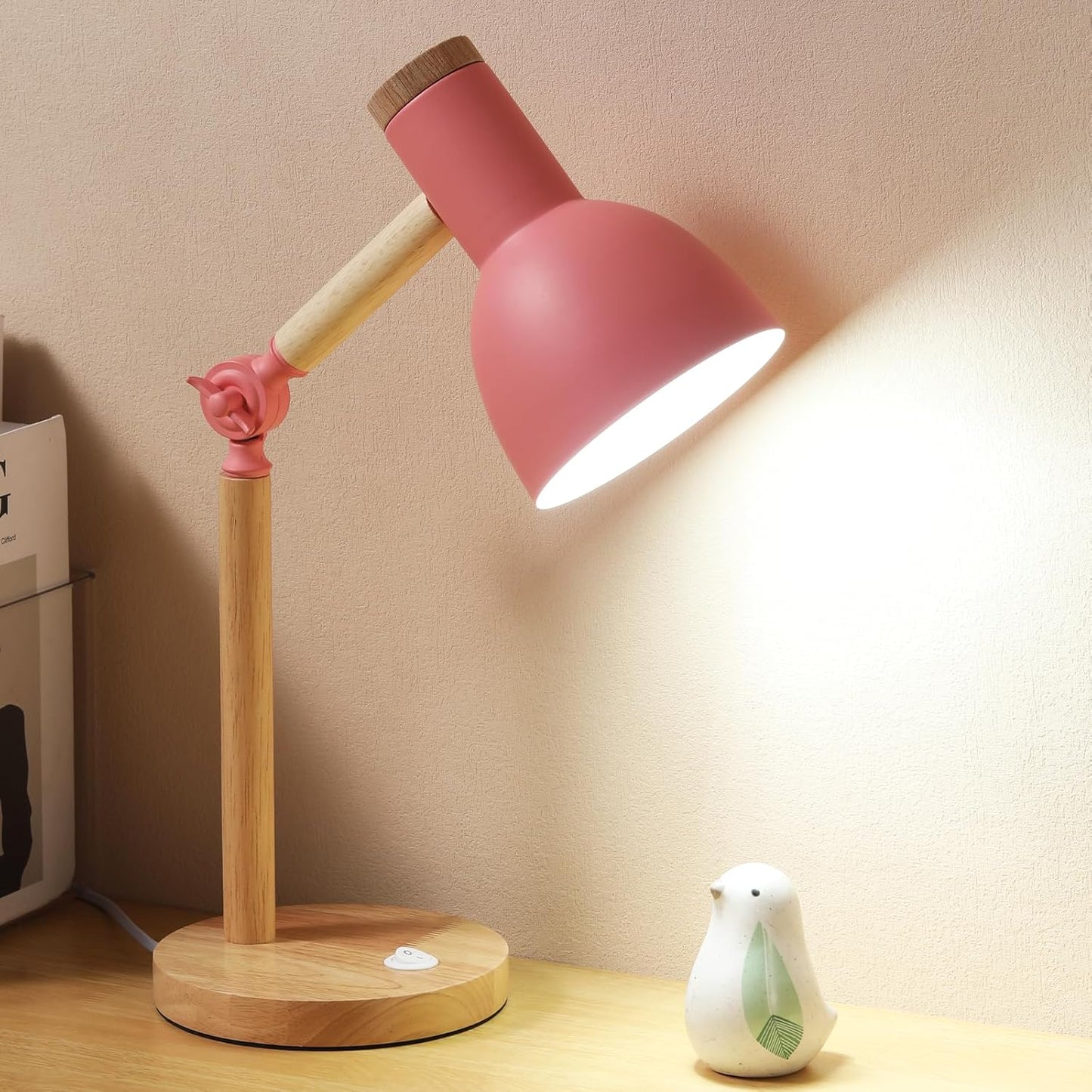 Desk Lamp,Wooden Adjustable Tri-Color Table & Bedside Lamp for Office, Living Room, Bedroom & Kids Room (Pink)