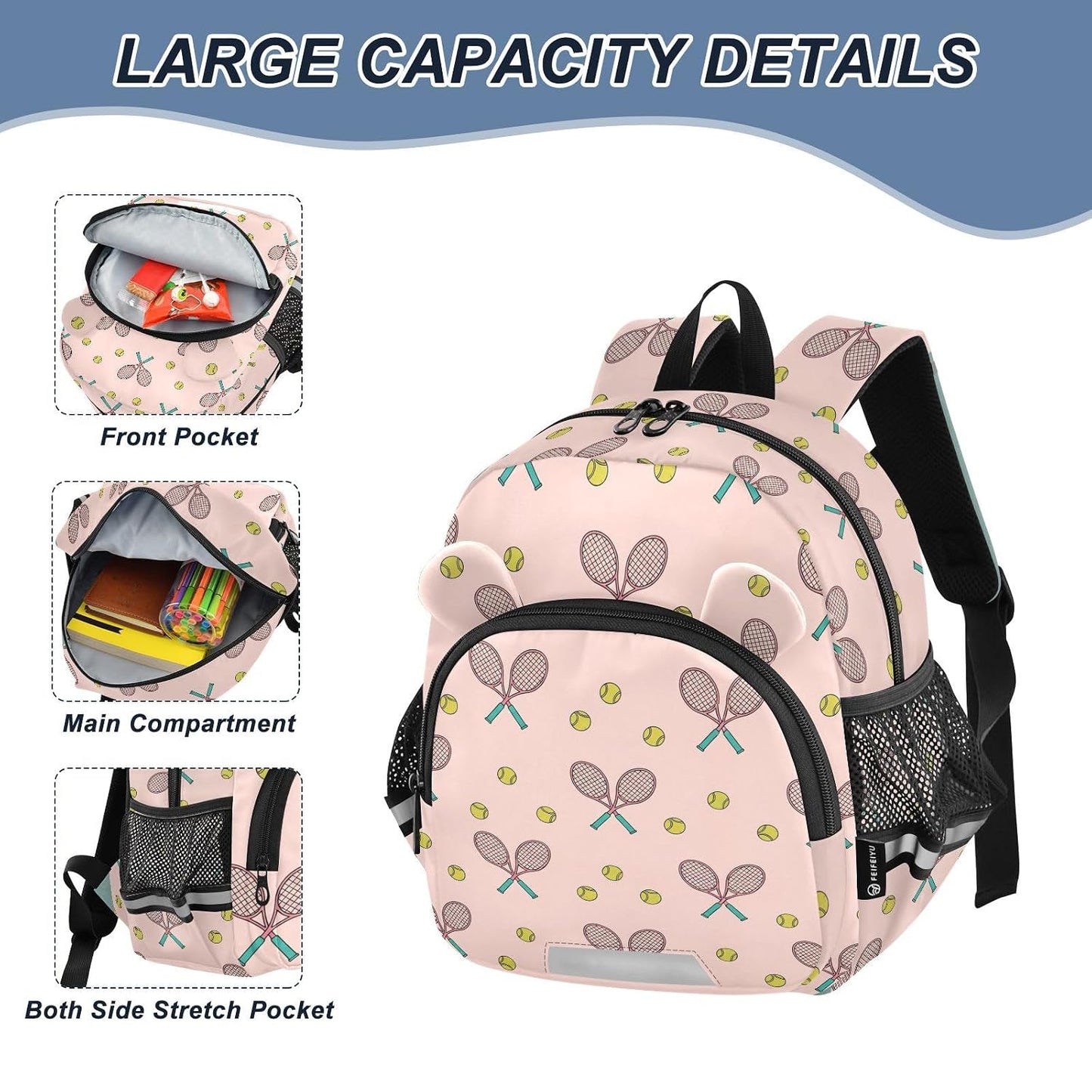 Tennis Rackets Balls Pink Pattern Toddler Harness Backpack for Boys Girls 3-6 Years Kids Backpack with Anti Lost Safety Leash Baby Harness Bookbag for Preschool Travel Walking