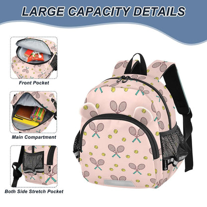 Tennis Rackets Balls Pink Pattern Toddler Harness Backpack for Boys Girls 3-6 Years Kids Backpack with Anti Lost Safety Leash Baby Harness Bookbag for Preschool Travel Walking