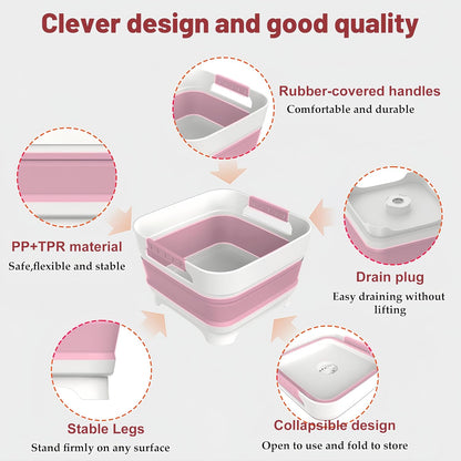 MontNorth 2.4 Gal Collapsbile Wash Basin with Drian Plug,9L Dish Pan for Soaking Baby Bottles,Portable Sink, Multiuse Foldable Bucket,Ice Beverage Tubs for Camping, Vegetable Washing, RV (Pink)