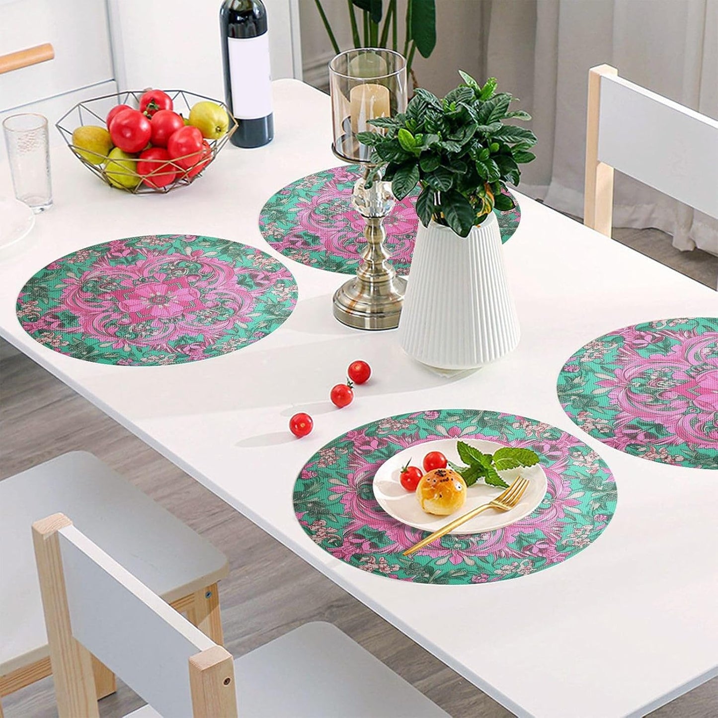 Retro Flower Pattern Peach and Green Round placemats Set Reversible Quilted placemats placemats Washable Plastic placemat with Plate placemats Easy to Clean Waterproof Round placemats Set of 6