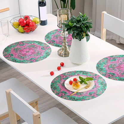 Retro Flower Pattern Peach and Green Round placemats Set Reversible Quilted placemats placemats Washable Plastic placemat with Plate placemats Easy to Clean Waterproof Round placemats Set of 6