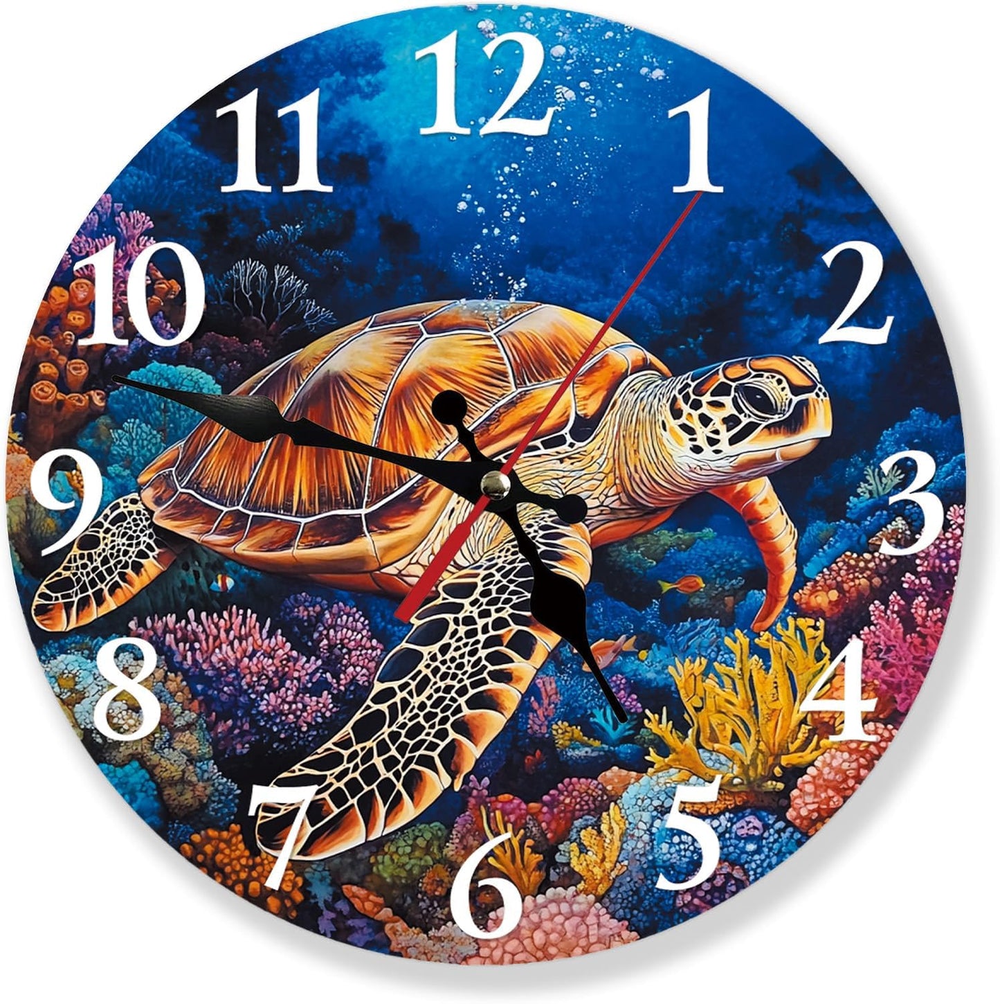 Silent Non Ticking Wall Clock 12 Inch, Turtle Coral Beach Ocean Round Wood Glare Free Clock, Battery Operated, Decorative Gift for Bathroom, Kitchen, Living Room, Bedroom, Nursery, Office