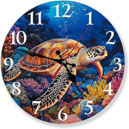 Silent Non Ticking Wall Clock 12 Inch, Turtle Coral Beach Ocean Round Wood Glare Free Clock, Battery Operated, Decorative Gift for Bathroom, Kitchen, Living Room, Bedroom, Nursery, Office