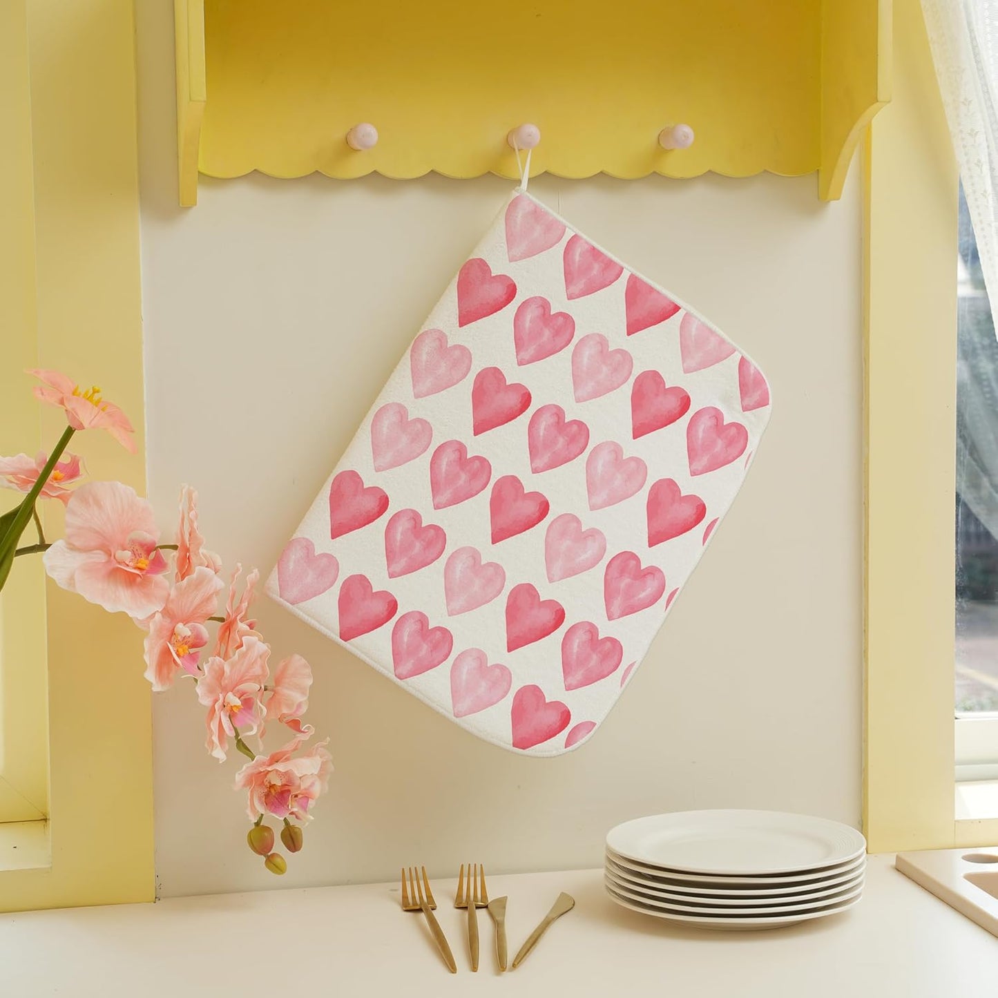 Valentine's Dish Drying Mat 18x24 Inches For Kitchen Counter Absorbent Pink Love Heart Kitchen Mother's Day Anniversary Wedding Drying Mat Pad For Home Kitchen,Dining Room,Office Decoration