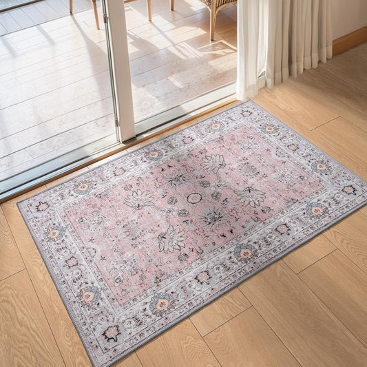2x3 Washable Indoor Entrance Door Mat Small Area Rug Non-Slip, Boho Floral Carpet Low Pile Vintage Rug for Entryway, Kitchen, Front Door, Laundry Room, Bedroom, Bathroom Farmhouse Decor Rugs