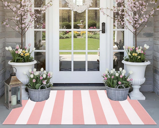 Front Door Mat 24"x51",Pink and White Striped Layered Doormat Cotton Woven Washable Indoor Outdoor Porch Rug Farmhouse Small Area Rug for Porch/Entryway/Home Entrance Decor