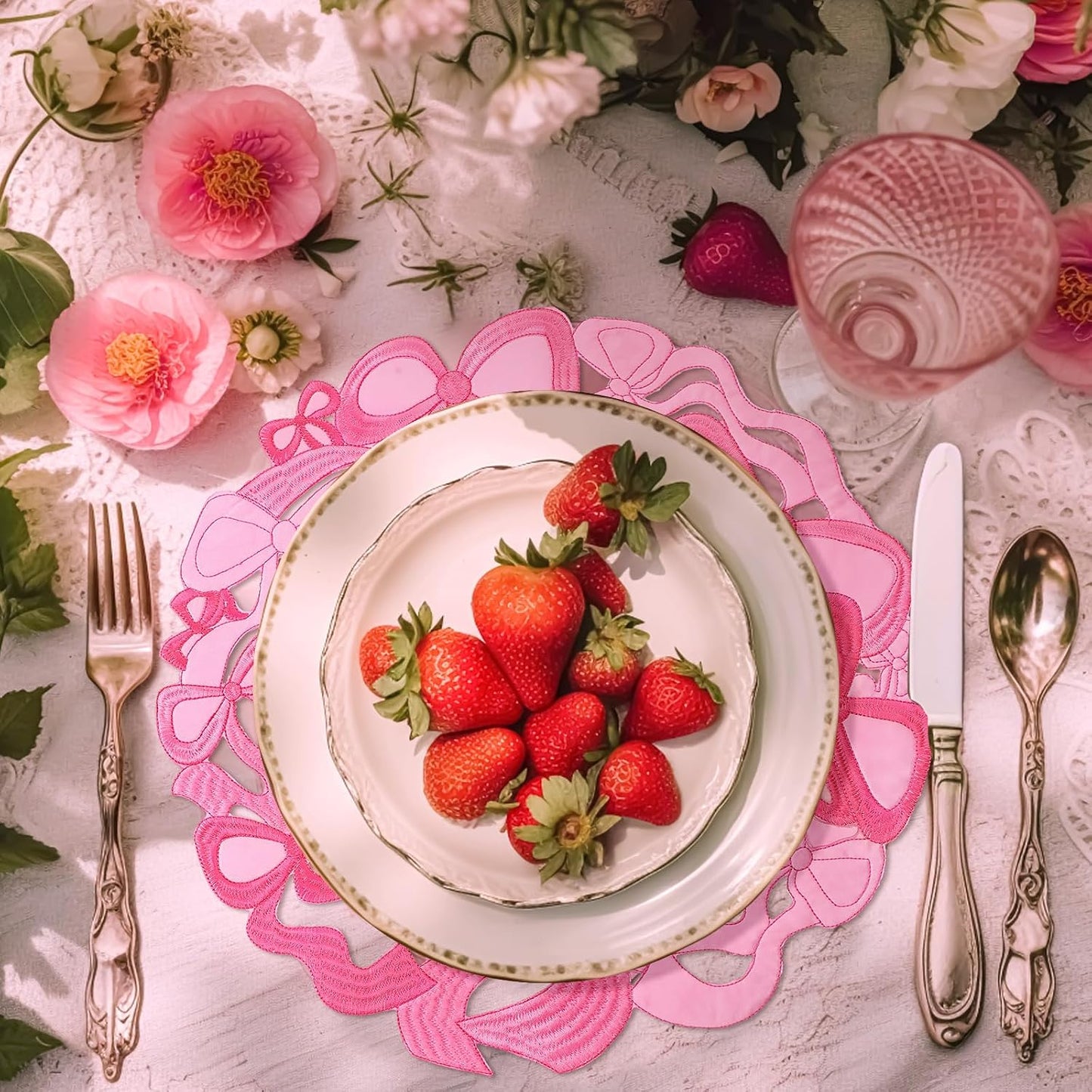 4 Pcs Pink Bow Placemats Coquette Embroidered Place Mats Pink Cotton Decorative Table Mats for Home Wedding Baby Shower Birthday Party Decor(Round Hollow)