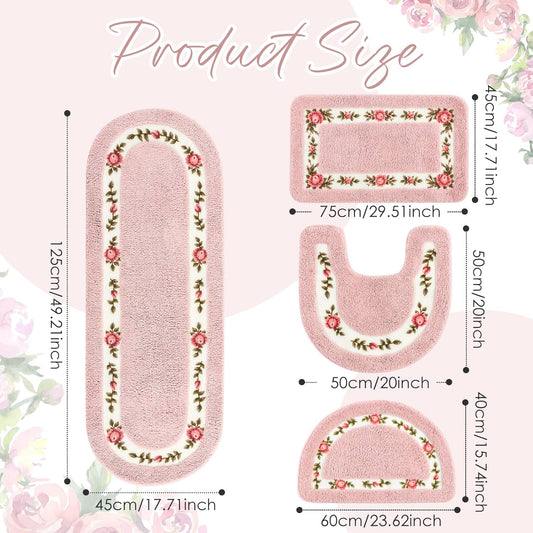 Timgle 4 Pcs Rose Flowers Coquette Bathroom Rugs Set Coquette Doom Decor Rose Flower Area Rugs Non Slip Absorbent Washable Door Mat Floral Bathroom Carpet for Home Hotel, 4 Shapes(Pink)