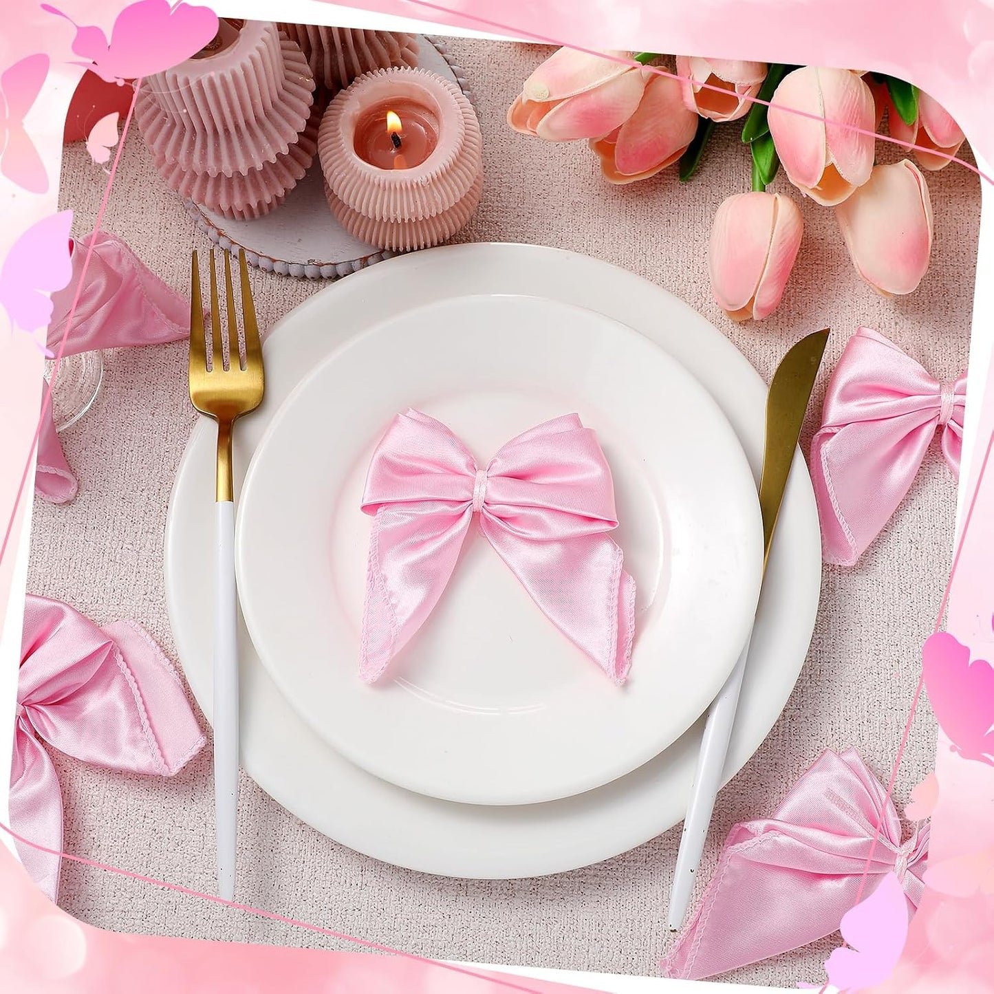 Hahafelt 50 Pcs Pink Bow Napkin Rings Bow Satin Napkins Decors for Girls Women 5 x 5 Inch Coquette Silky Table Decors Bows Theme Party Supplies for Wedding Banquet Birthday Baby Shower Table Decor