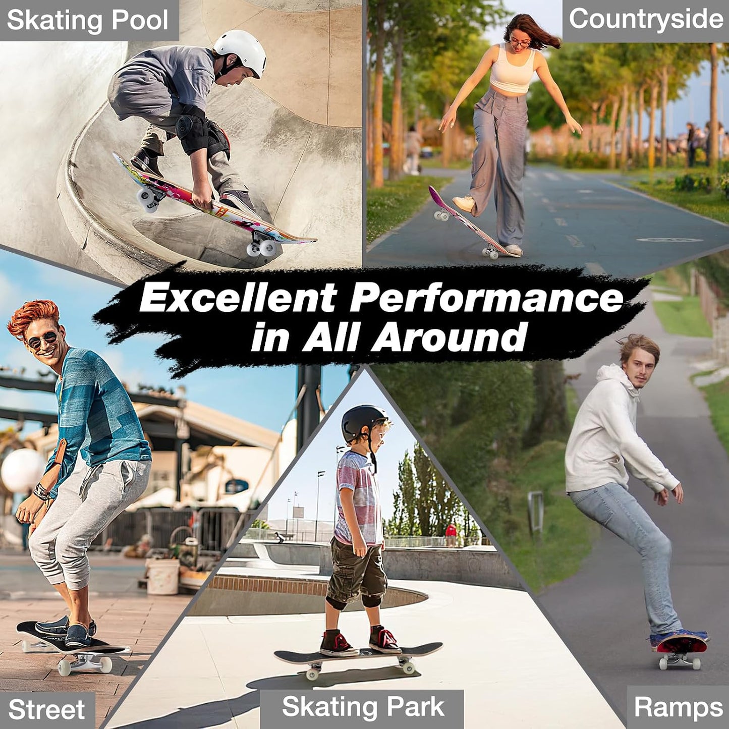 BELEEV Skateboards for Beginners, 31 x 8 inch Complete Skateboard for Kids Teens Adults, 7 Layer Canadian Maple Double Kick Deck Concave Cruiser Trick Skateboard with Multifunction Skate T-Tool