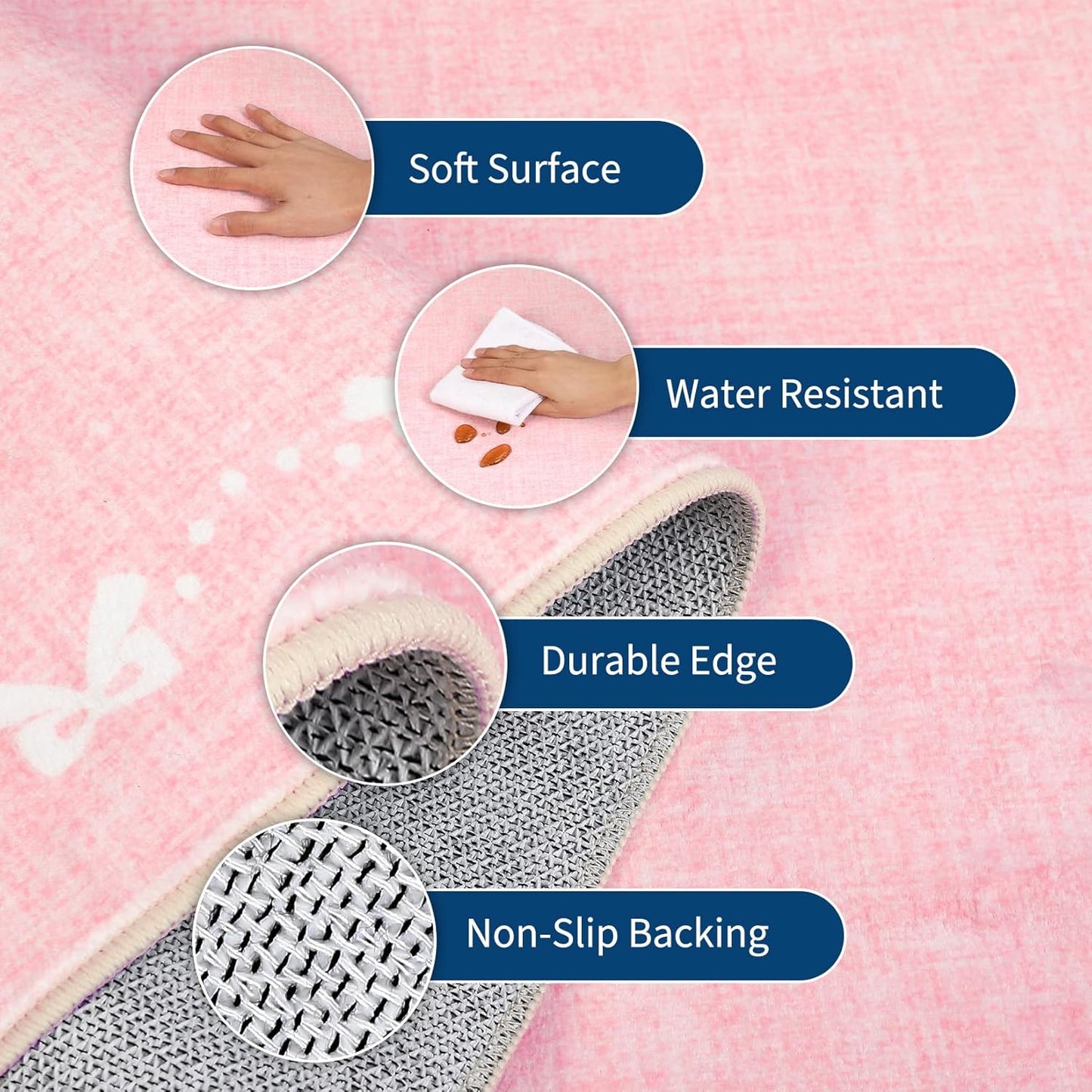 Garvee Bow Washable 8x10 Area Rugs for Living Room Non Slip Soft Pink Rugs for Grils Bedroom Low Pile Foldable Large Area Rug Stain Resistant Carpet for Nursery Dining Room Playroom, Pink