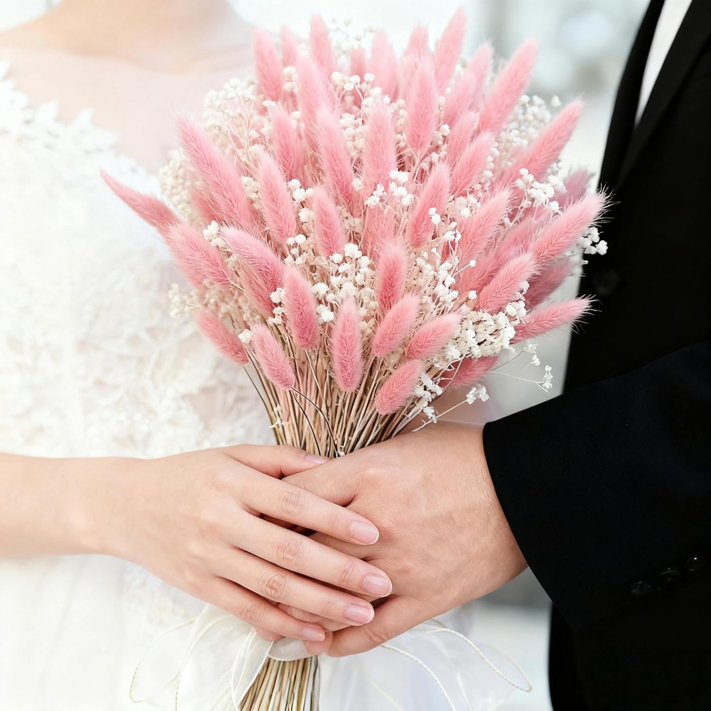 Bunny Tails Dried Flowers Bouquet Fluffy Nature Pampas Grass with Baby Breath Flowers Artificial Flower for Table Bookshelf Home Festival Hobo Wedding Decor (Pink)