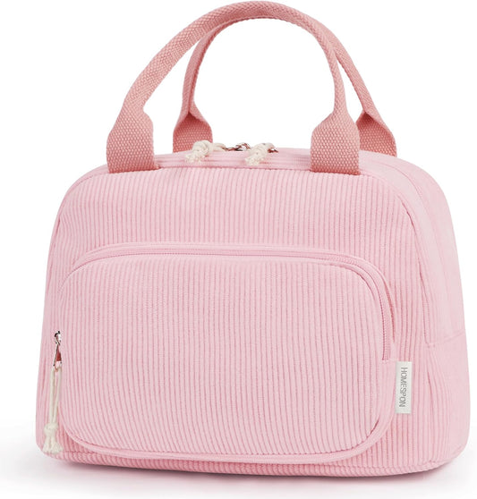 HOMESPON Lunch Bag for Women Men Adults with Front Pocket Cute Corduroy Insulated Lunch Tote Large Capacity Lunch Box Cooler Container for Work Picnic or Travel (Pink)