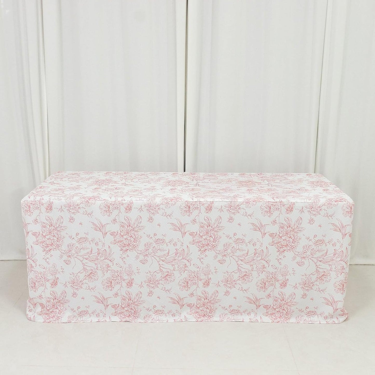 Efavormart French Toile Fitted Polyester Tablecloth 6ft – Pink & White Rectangular Wrinkle-Resistant Table Cover