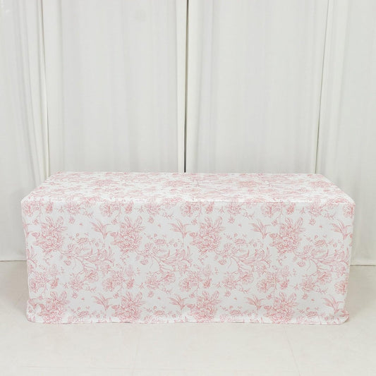 Efavormart French Toile Fitted Polyester Tablecloth 6ft – Pink & White Rectangular Wrinkle-Resistant Table Cover