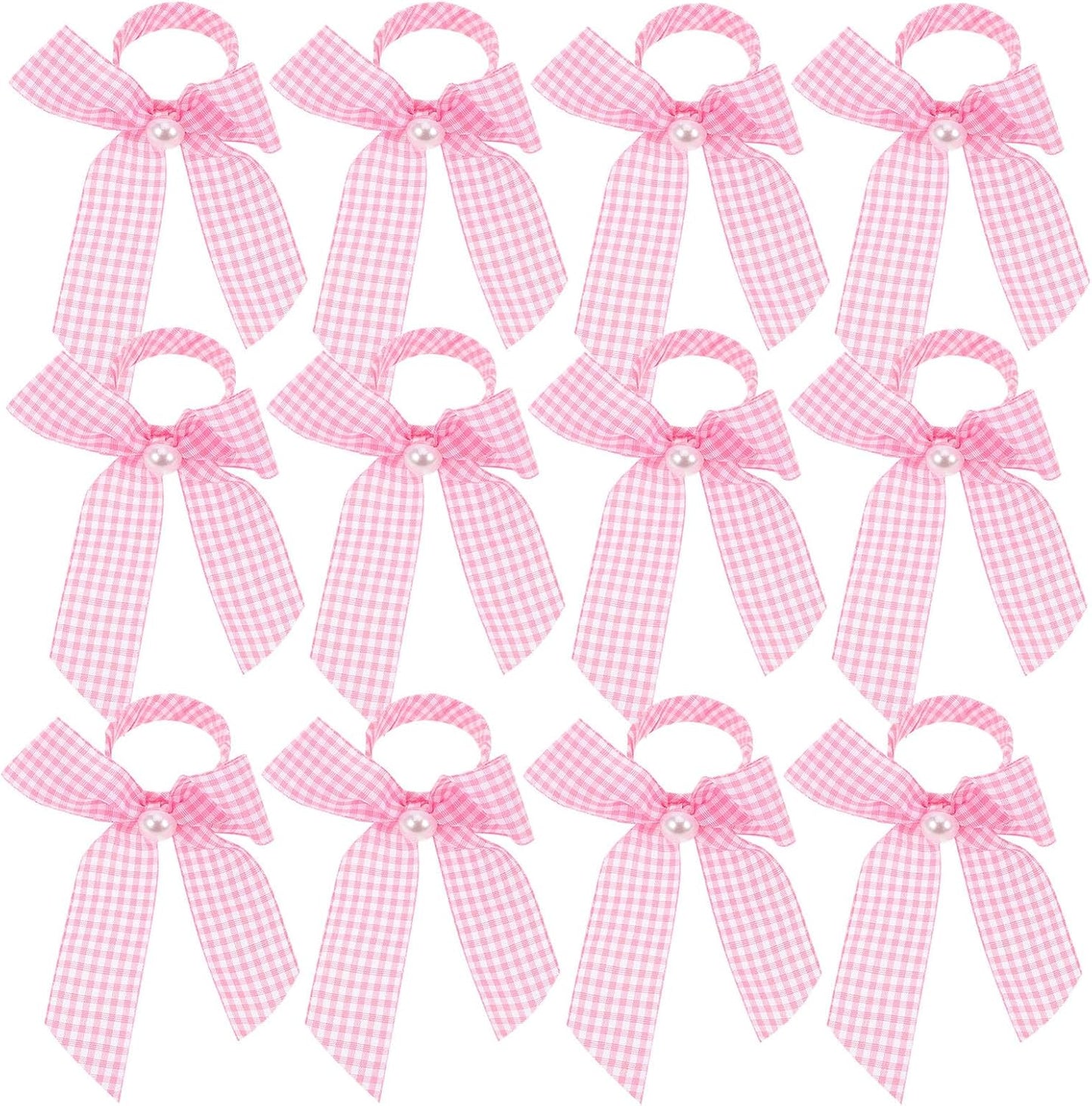 12pcs Pink Ribbon Napkin Rings Bowknot Serviette Holders Gingham Pattern Table Decor for Girl Shower Wedding Reception Party