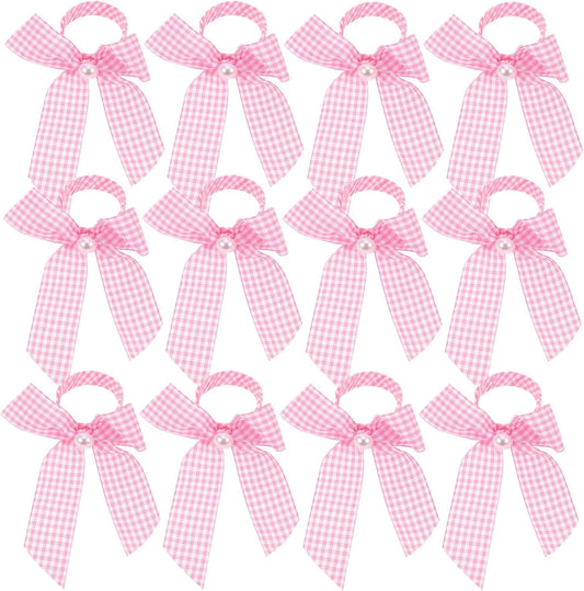 12pcs Pink Ribbon Napkin Rings Bowknot Serviette Holders Gingham Pattern Table Decor for Girl Shower Wedding Reception Party
