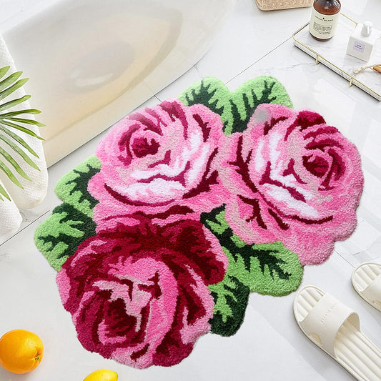 UKELER Pink Rose Flower Area Rugs 31.5x24 inch Floral Bath Rug Non-Slip, Machine Wash Dry, Bath Mats for Bathroom