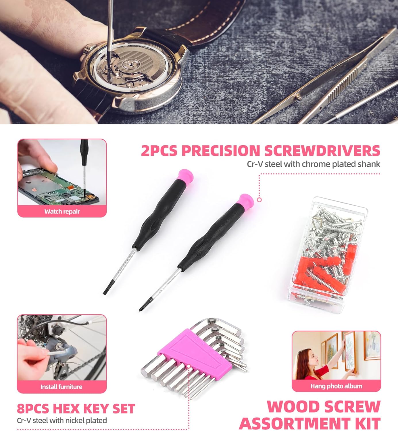 DOWELL 123-Piece Pink Home Repair Tool Kit for Women & Girls - All-in-One DIY Toolkit with Ergonomic Handles, Durable Toolbox, Non-Slip Grips | Perfect Gift for Wives, Moms, Crafters